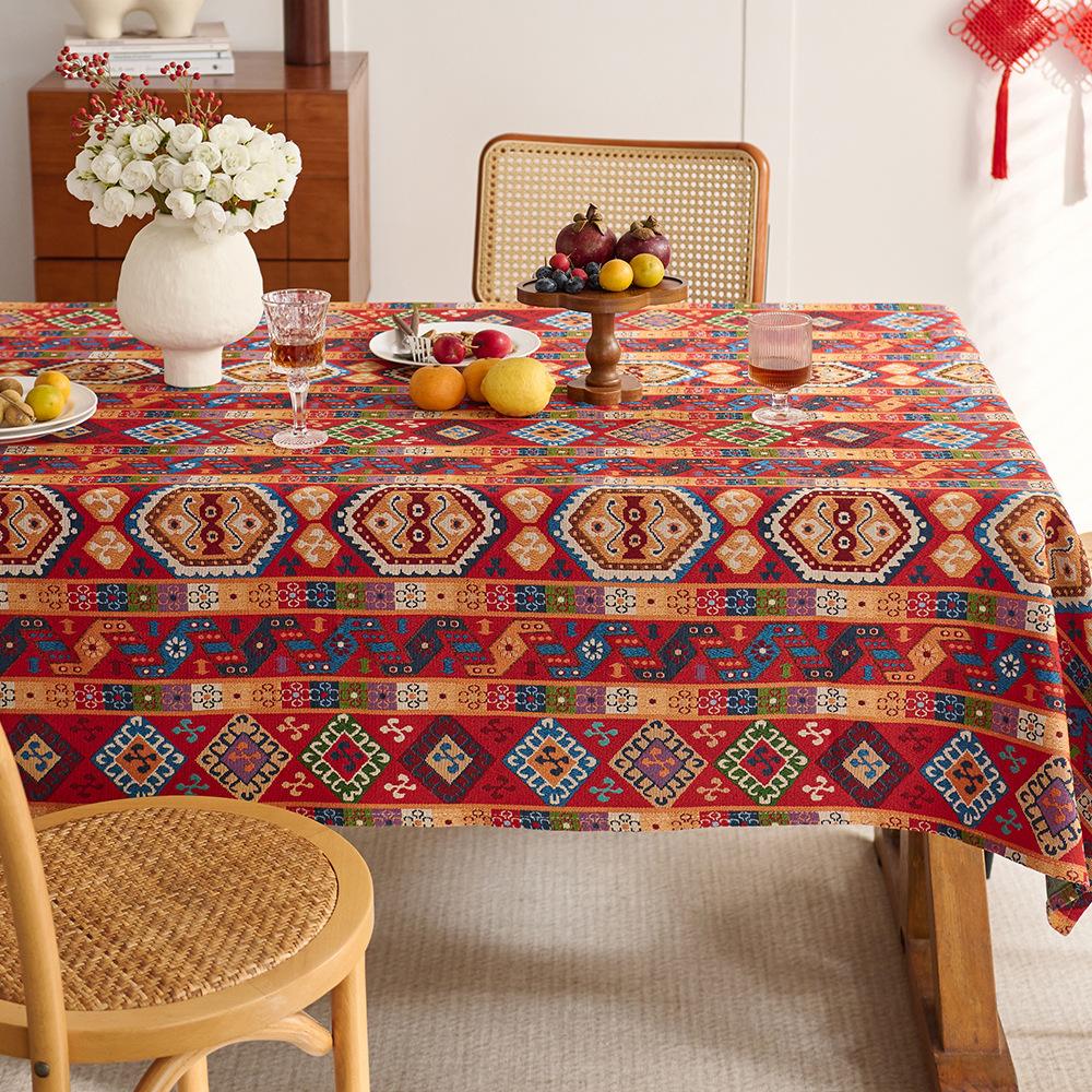 Bohemian Stijl Tafelkleed Jacquard Rood Kerst Tafelkleed Dik Eettafelkleed voor Keuken en Eetkamer Decoratie 90x90cm