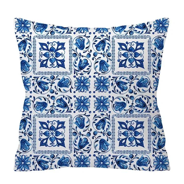 Aquarell Blau Kissenbezug Geometrie Ethnisch Floraler Druck Kissenbezug Modernes Boho Dekor Wohnzimmer Sofa Kissenbezug 45*45cm
