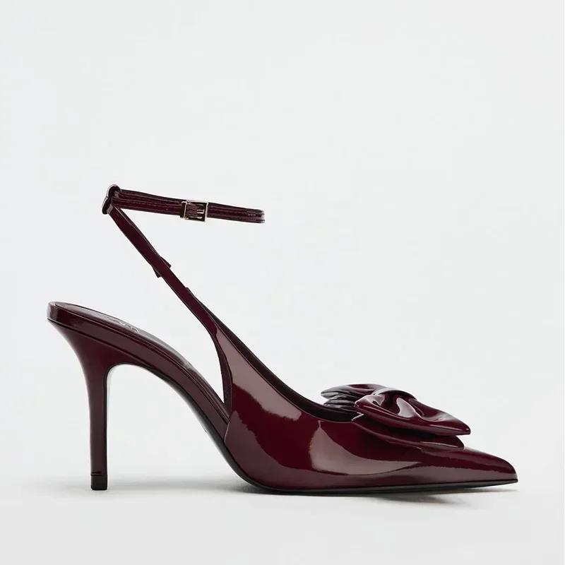 Fashion Luxury Brand Designer Ankle Strap High Heels Women Sexy Pointed Toe Patent Leather Heeled Sandals Bow Banquet Thin Heels Pumps