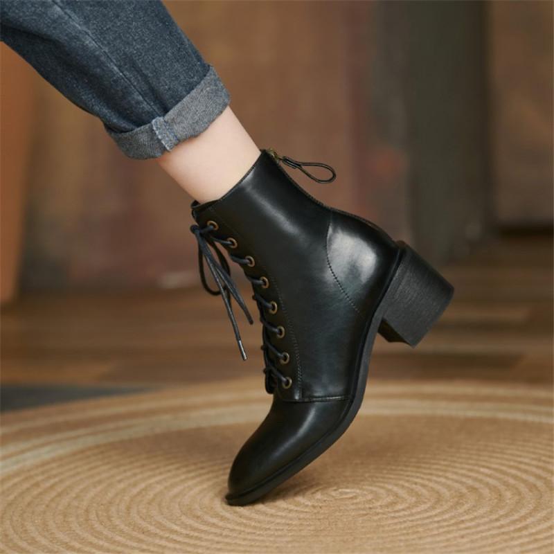 Mode Nouvelles Bottes d'Automne/Hiver en Cuir Fendu pour Femmes Bout Rond Talons Épais Bottes pour Femmes Bottines Zapatos Mujer Dentelle Talons Hauts