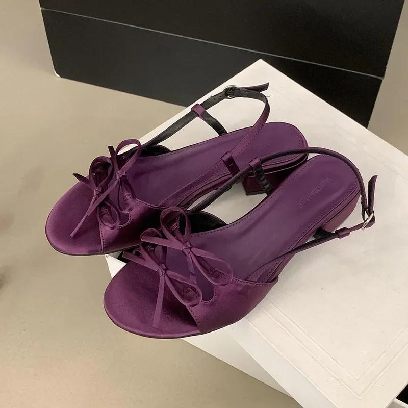 

Модные босоножки с бантом на низком каблуке для женщин, летние, сексуальные, с открытым носком, с ремешком на пятке и пряжкой, дизайнерская обувь, элегантные банкетные туфли 39 фиолетовый