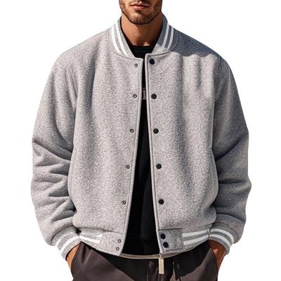Men's American-Style Fleece Baseball Jacket - Solid Color, Loose Fit, Stand Collar, Single-Breasted for Autumn/Winter