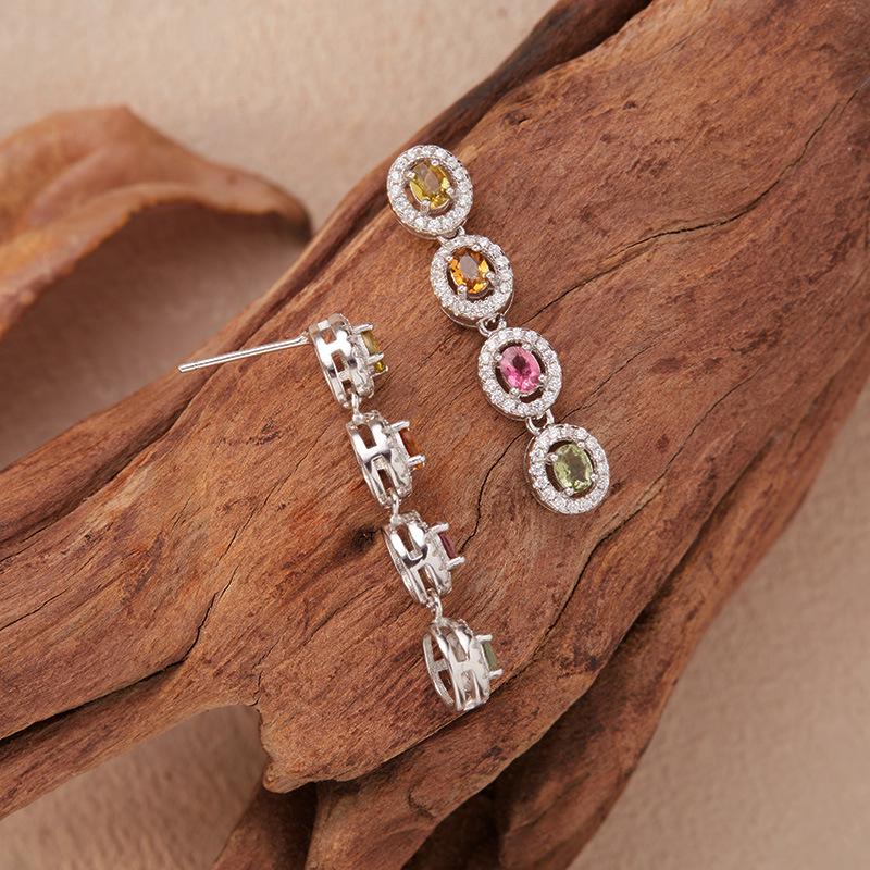 Fashion Luxury Natural Sapphire Tourmaline Stud Earrings Women'S S925 Sterling Silver Colored Treasure Long Fringed Earrings