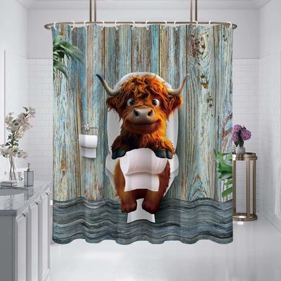 1Pc Cattle In Toilet Pattern Printed Shower Curtain, Waterproof, With 12 Hooks, Bathroom Showers, Bathtub, Home Use