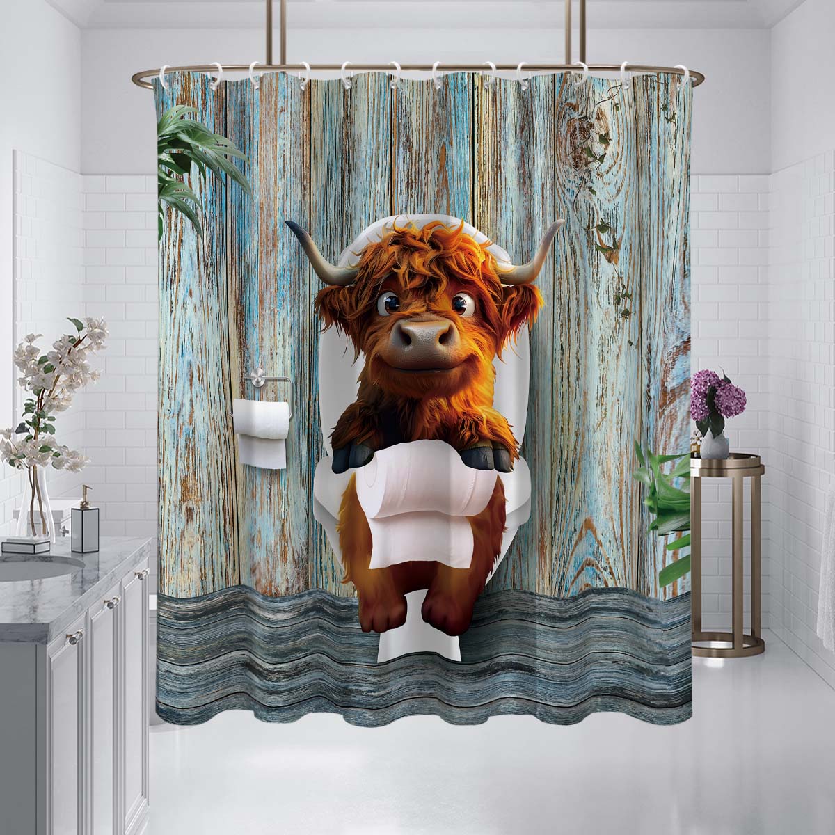 

1Pc Cattle In Toilet Pattern Printed Shower Curtain, Waterproof, With 12 Hooks, Bathroom Showers, Bathtub, Home Use 180x180cm