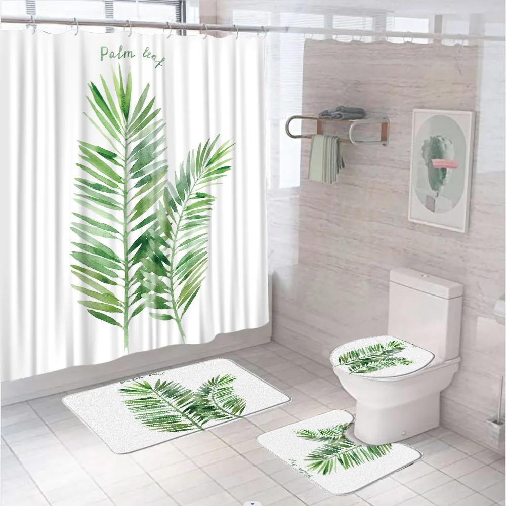 Watercolor Plant Floral Shower Curtain Set Country Wild Flower Leaves Bathroom Decor Screen Non-Slip Bath Mat Toilet Rug Carpet