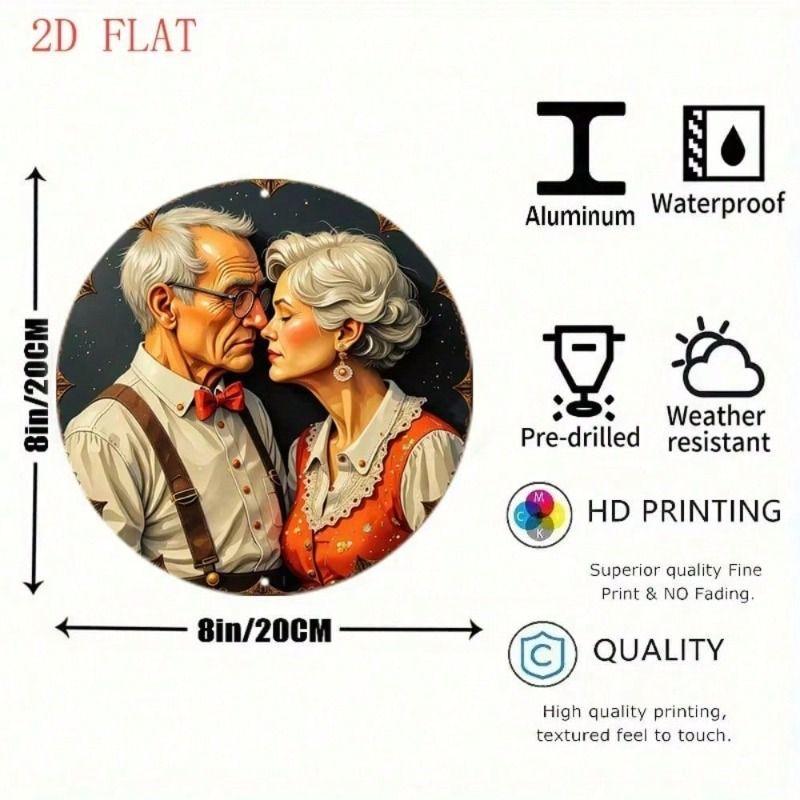 Metal Wall Art Vintage Elderly Couple Round Sign for Home Cafe