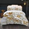 3 Pcs of Gold Leaf Pearl Flower Duvet Cover with 2 Pillowcases Queem King Size HD Printed Pattern Bedding Soft and Comfortable