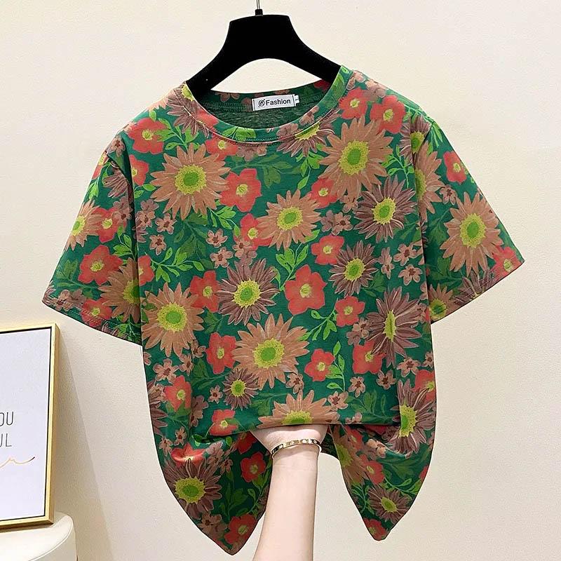 Tops Women Cotton Summer Large Size T-shirt Round Neck Loose Printed Casual Pullover T-shirt Top