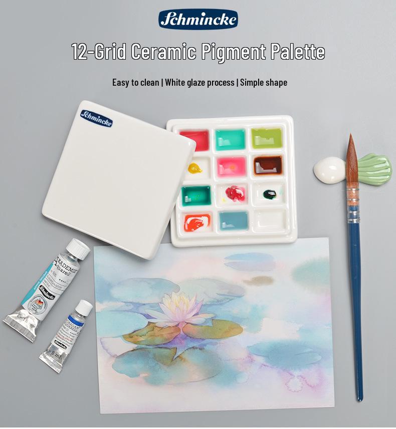 Shimingke 12-Grid Ceramic Palette with Lid - Easy To Clean for Oil and Watercolor Painting