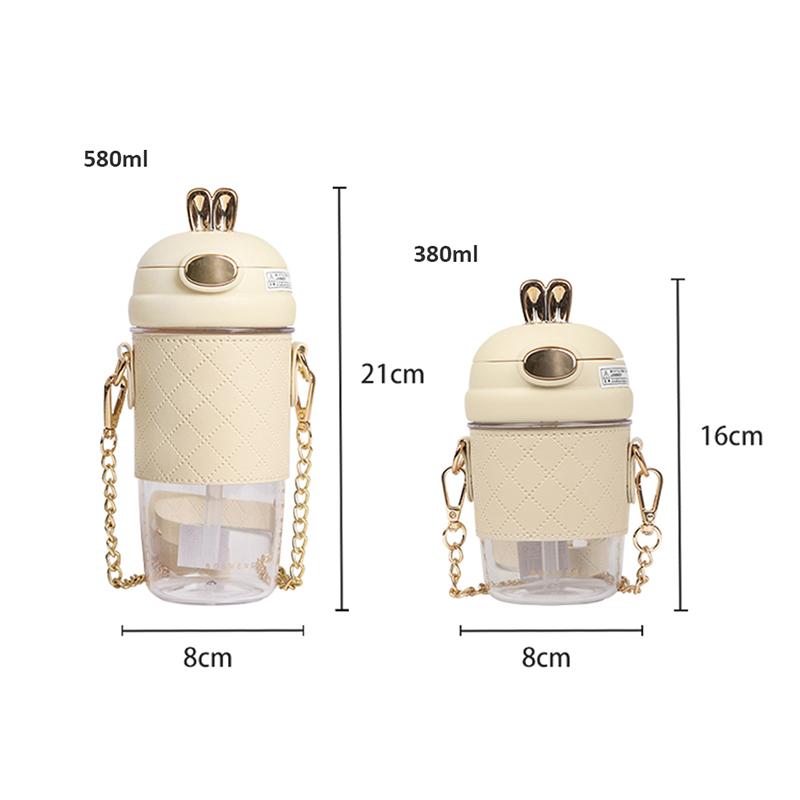 Adorable Rabbit Ear Plastic Water Bottles With Straw For Girls Kids Lightweight Strap Student Bottle With Cup Cover Anti-drop BPA Free