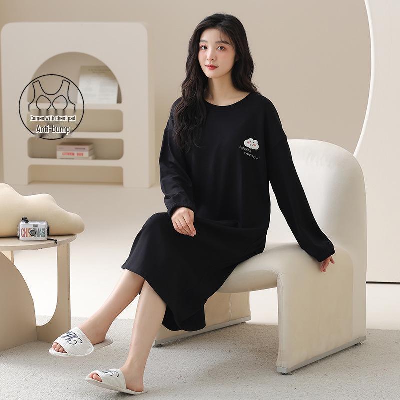 

Women s Cotton Long-Sleeve Nightgown for Spring & Fall - Casual, Loose Fit, 2025 Style Pajamas Homewear XL (165-170cm, 115-135 jin)