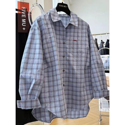 Camisa Casual a Cuadros de Manga Larga Suelta Estilo Coreano Retro de Gama Alta para Mujer Otoño Top con Estampado Único de Temperamento