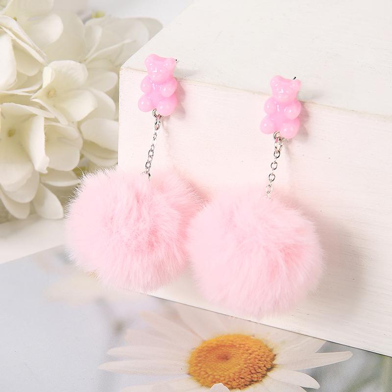 1Pair Cute Pompom Stud Earring Multicolours Resin Candy Bear Charms  With Puffer Ball Fashion Woman Jewelry Birthday Gift