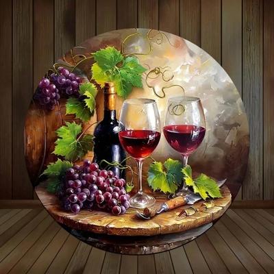 2D Round Wine Bar Wall Art - Elegant Vine and Glass Decor - Home Restaurant Kitchen Metal Tin Sign