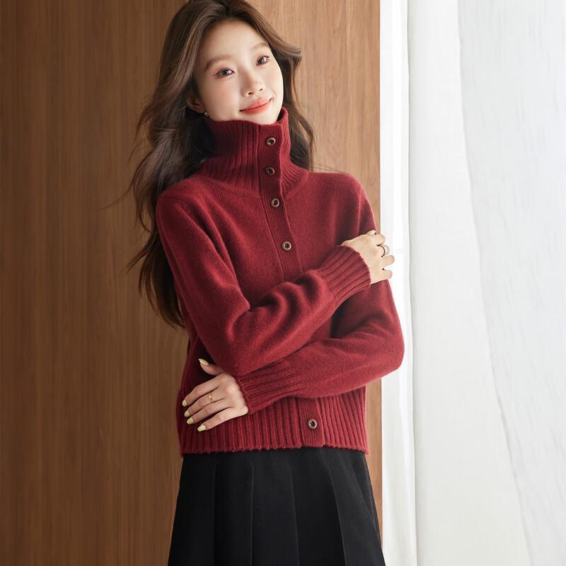 Srcr Women's 100% Sheep Wool High-Neck Knit Cardigan