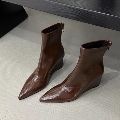 Pointed Short Boots Women's New Boots Autumn and Winter New Women's Boots High-heeled Short Boots Wedge-heeled Thin Boots