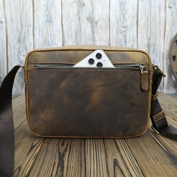 Vintage Crazy Horse Leather Men's Crossbody Messenger Bag - Genuine Leather, Handmade, Casual, and Trendy.