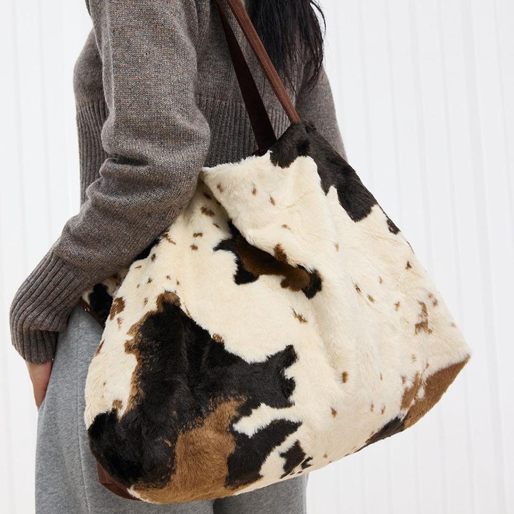 Damen Kuhmuster Plüsch-Tragetasche Große Kapazität Kunstpelz Schulter-Handtasche Modischer Weicher Shopper