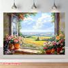 2D Oil Painting Window Backdrop, Flower Pot & Meadow Photography Background