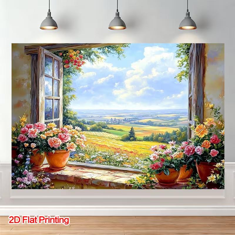 2D Oil Painting Window Backdrop, Flower Pot & Meadow Photography Background