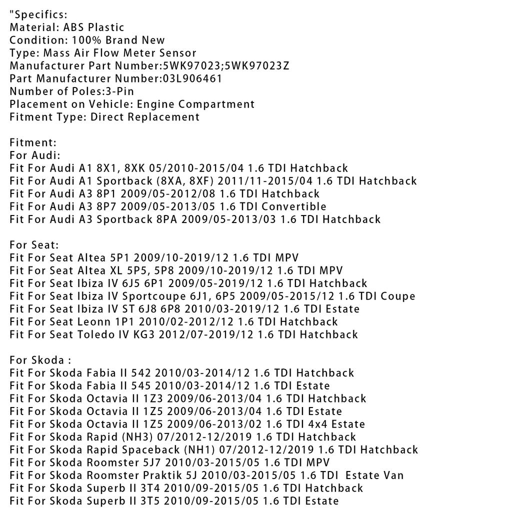 Mass Air Flow Meter Sensor For VW Golf VI A1 Seat Leon 1.6TDI 5WK97023