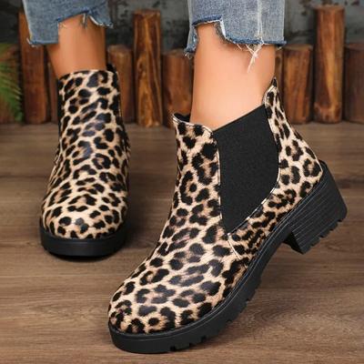 Chaussures pour femmes Marque Slip on Bottines à la cheville Bottes d'extérieur modernes pour femmes Léopard Bout rond Grande taille Chaussures à talon moyen pour femmes