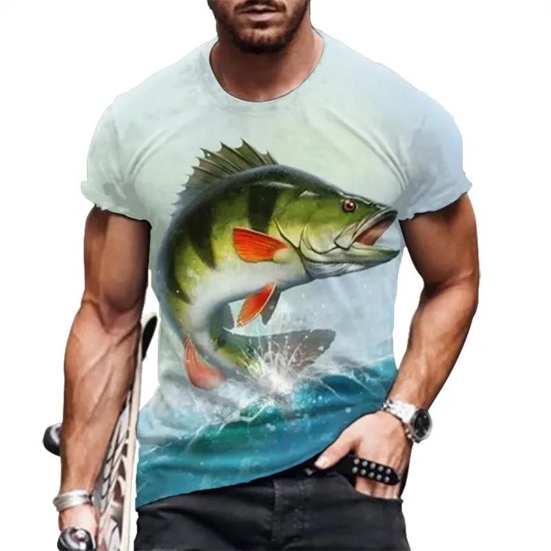 Men's Outdoor Fishing T-shirt, Casual Breathable Top, Short Sleeved, 3D Printed, Sporty and Fashionable Fitness, Large Size, Summer