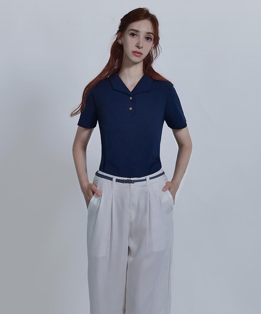Keulleiseu Daily Two-Button Collared Short Sleeve T-Shirt_White