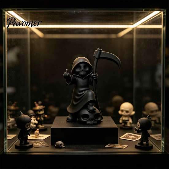 Collectible Creative Art 3D Printed Cute Grim Reaper Figurine, Skeleton Little Statue with Artistic Gesture Ornament Scythe & Skull Base, Funny Gothic