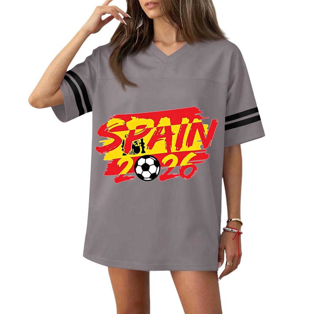 Women V Neck Short Sleeve Relaxed Fit Soccer Graphic Tee Top with 2026 Flag Print Casual Sportswear Jersey Style