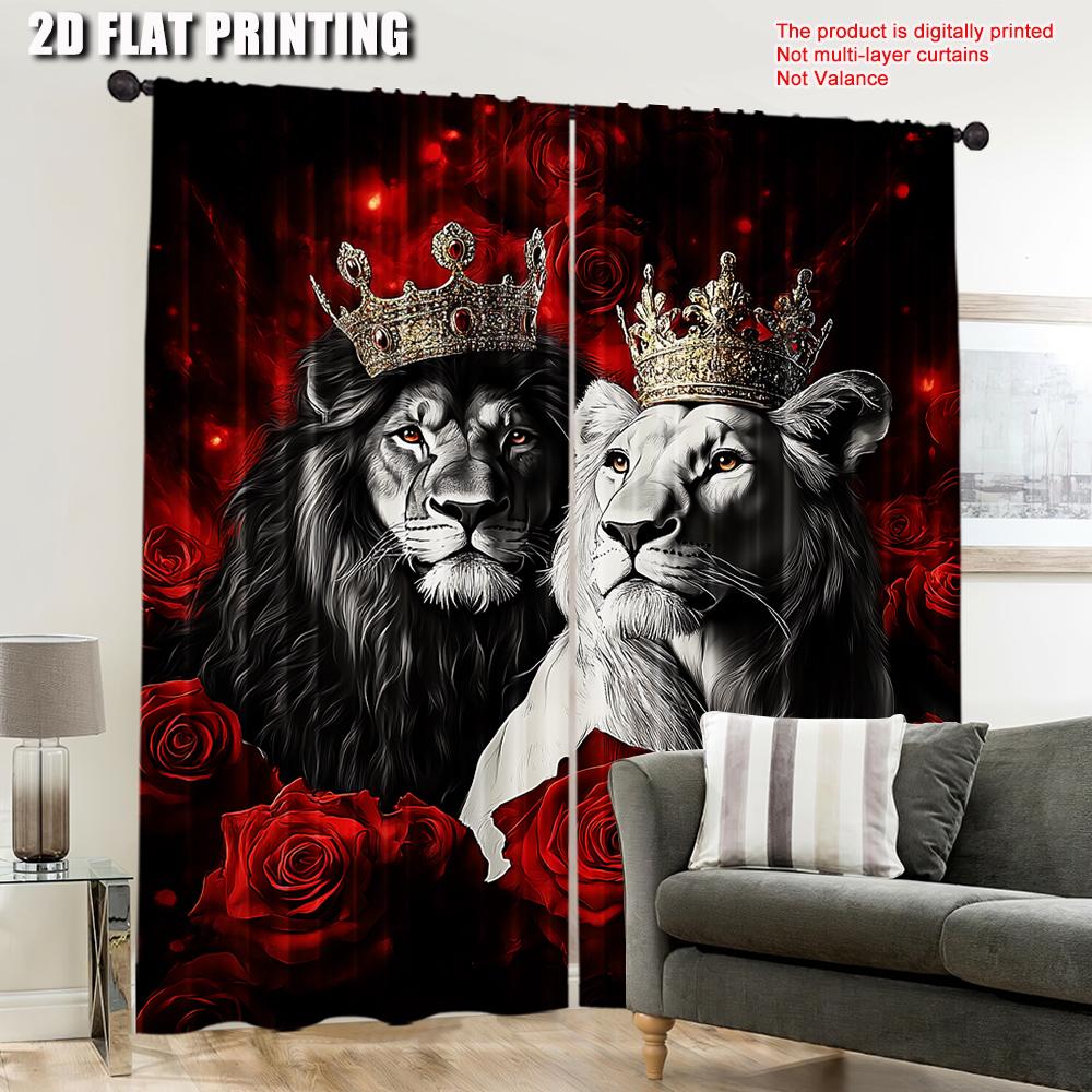 Couple Curtain Red Rose Floral Lover King Queen Crown Valentine Day Bedroom Living Room Dining Set Of 2 Made Polyester Washable Sitting Ready