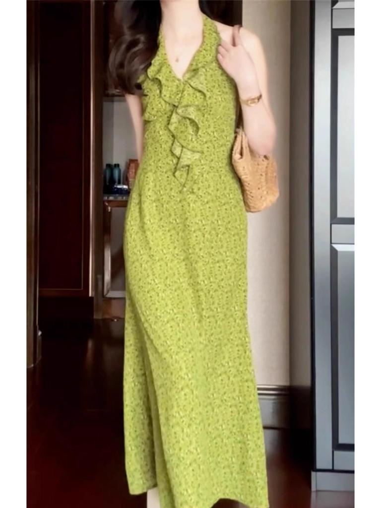 Women's Green Floral Halter V-Neck Sleeveless Long Dress - Summer 2025 Collection