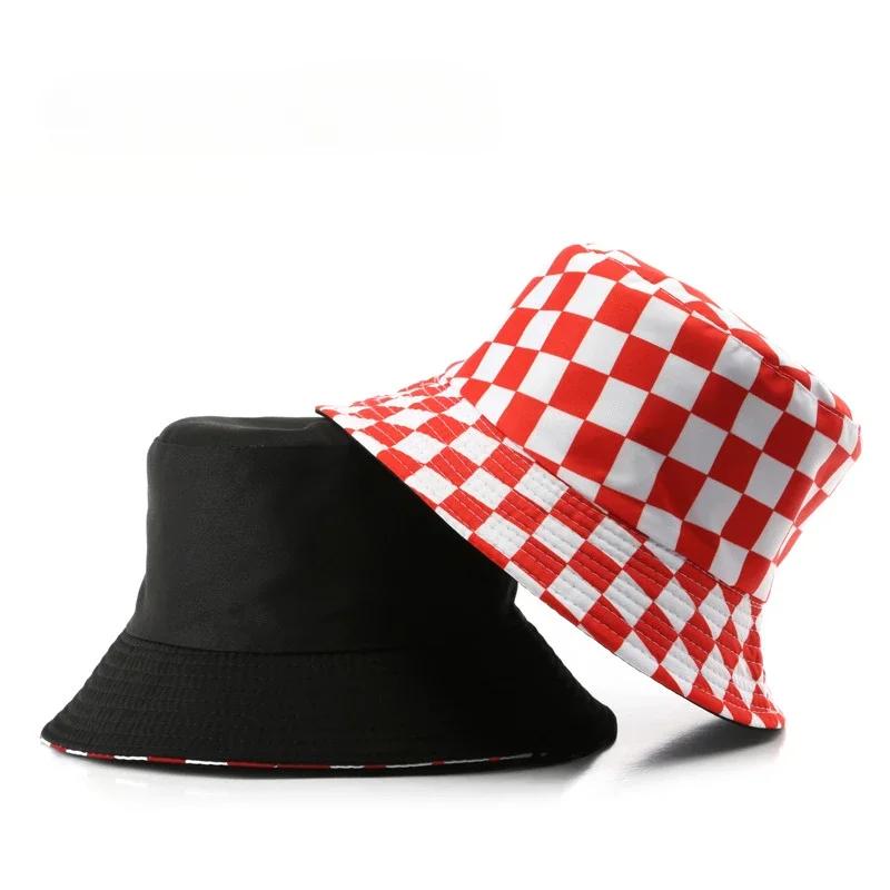 Double Sided Plaid Bucket Hats for Women and Men Fashion Personality Fisherman Cap Outdoor Sports Travel Sun Shade Bob Hat Gorra