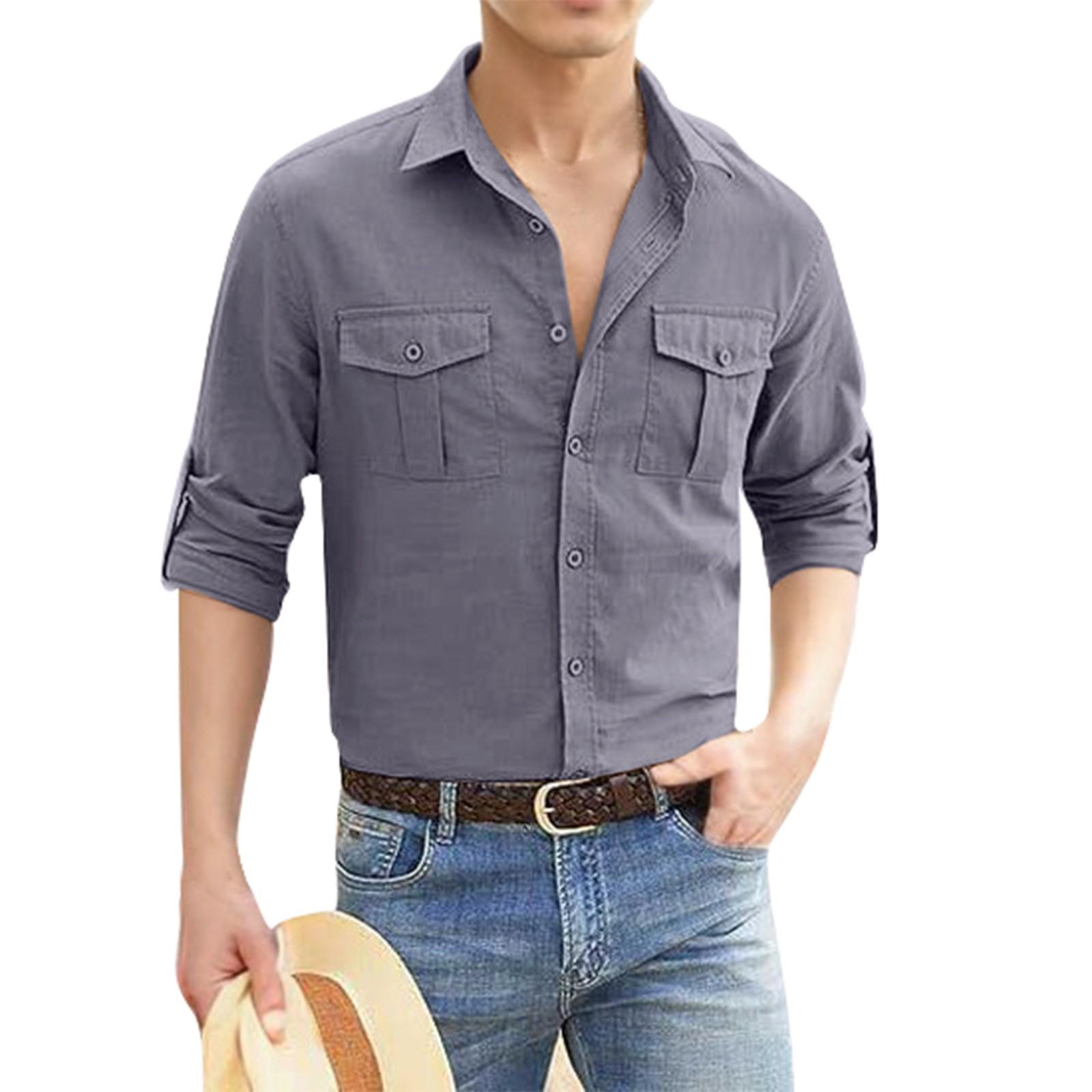 

Чоловіча повсякденна святкова сорочка з подвійною кишенею, бавовна, льон і довгий рукав L