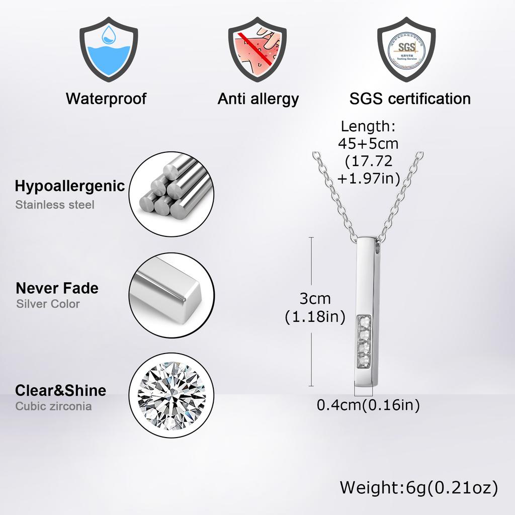 Xiaomi Vnox Stainless Steel Vertical Bar Pendant with White Zircon Necklaces for Men, Adjustable O-chain Metal Slim Dog Tag Jewelry New