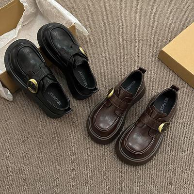 Black Round Head High-end Small Leather Shoes Women's Spring New Muffin Shoes Thick-soled Sweet Cool Single Shoes