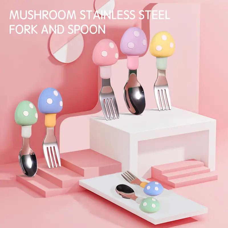 Short Handle Mushroom Multicolor Silicone Stainless Steel Fork and Spoon