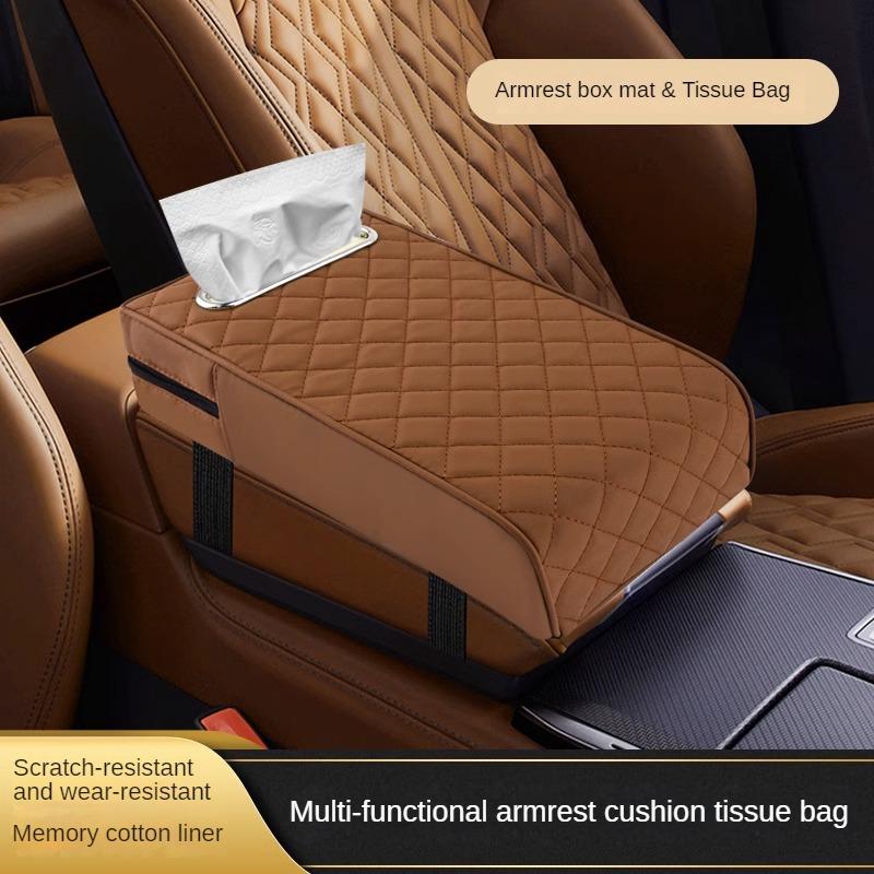 Car Armrest Cover Leather With Tissue Storage Memory Foam Height Pad Universal Auto Center Armrest Protective Cushion Support