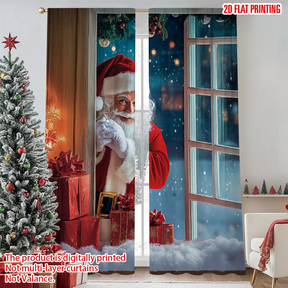 2pcs 2D Flat Printing Merry Christmas Popular Window Drapes Santa Claus Outside the Window Machine Washable Fabric Without