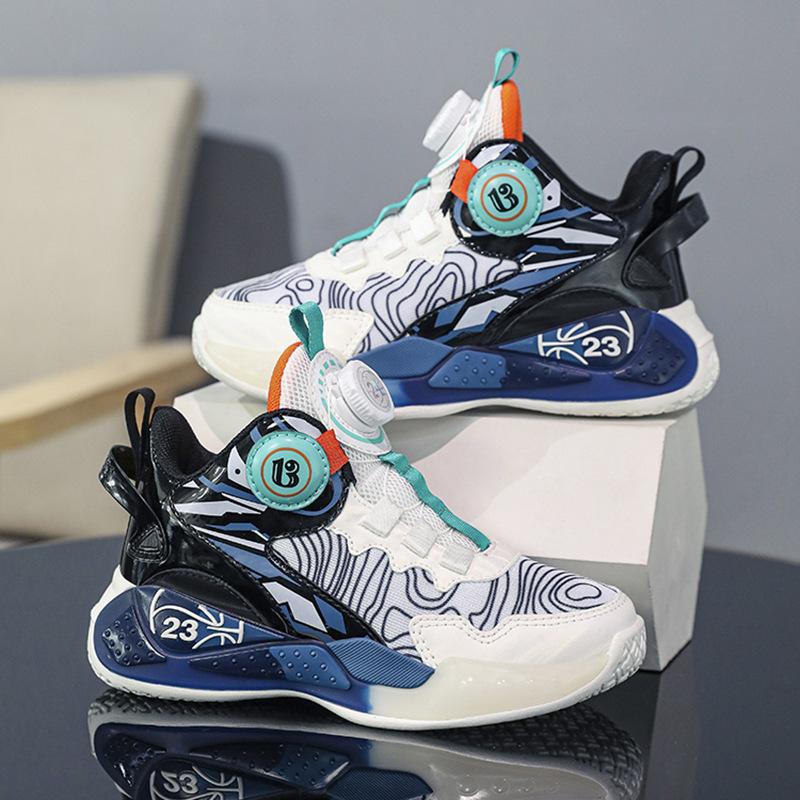 Boys' sneakers mesh breathable 2025 summer new button basketball shoes student fashion middle and older children's shoes trend