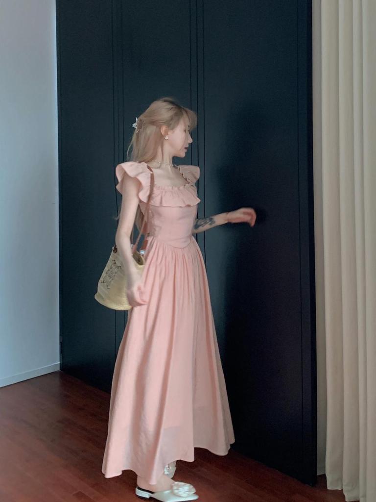 Rosa Rüschen Ärmellos Flatterärmel Quadratischer Ausschnitt Langes Kleid - Sommer 2024