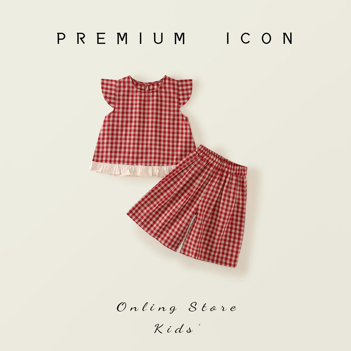 Девочковый красный клетчатый комплект с рукавами-крылышками, летний новый корейский стиль, брюки с широкими штанинами, комплект из двух предметов для малышей и детей младшего возраста 90cm
