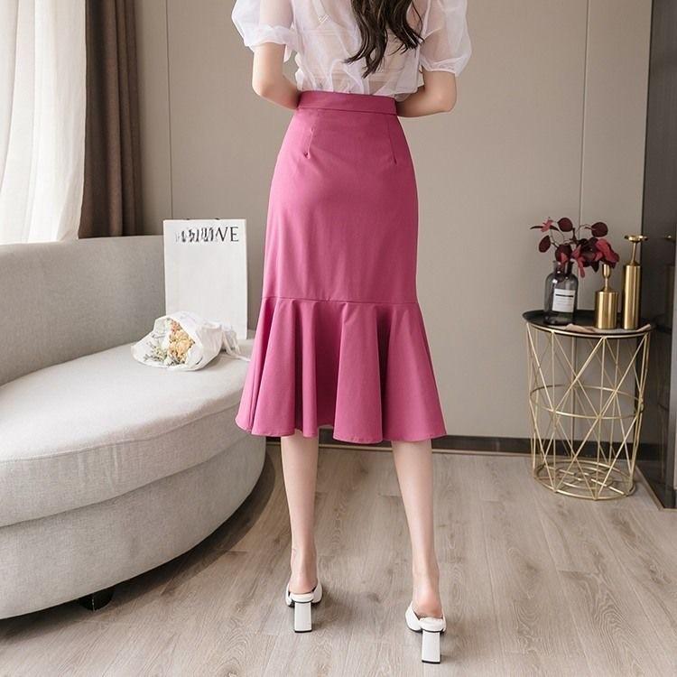Women's Spring Summer High-Waisted Slimming Stretch Mermaid Hem Skirt with Ruffled Details Mid Length Bodycon Skirt Trendy