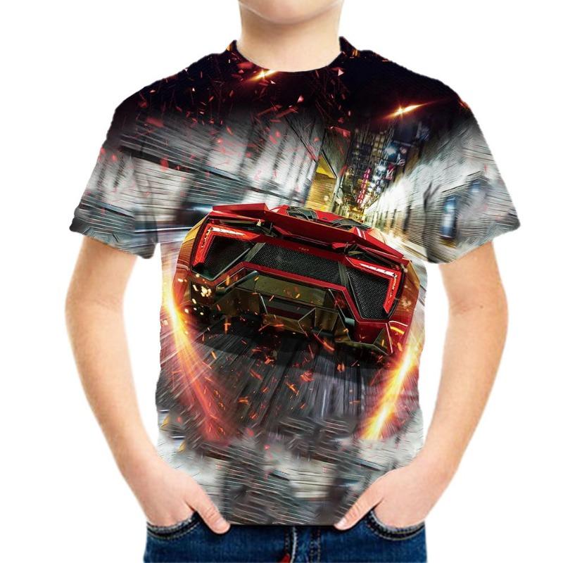 Boys Neon Yellow & Black Racing Pattern 3D Print T-Shirt Short Sleeve Crew Neck Casual Top with Glow Style