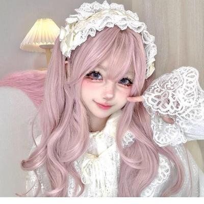Twilight Pink Lolita Wig Set: Sweet Long Curly Hair with Bangs