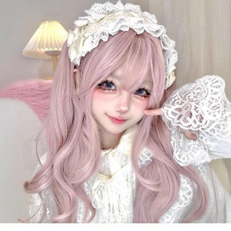 Set Parrucca Lolita Rosa Crepuscolo: Capelli Lunghi Ricci Dolci con Frangia