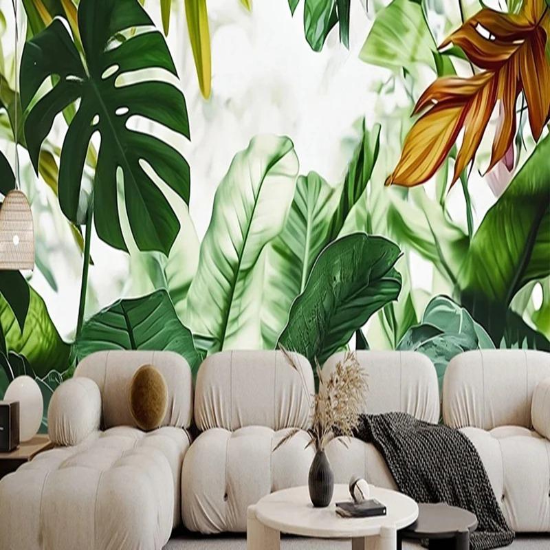 Hand-Painted Nordic Mural Tropical Plant Leaves Wallpaper Tv Sofa Background Wall Papers Home Decor