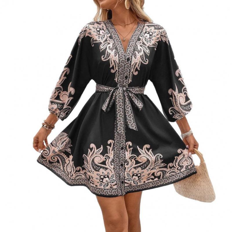 Women's V Neck Long Bubble Sleeve Paisley Print Mini Dress Slim Fit Mid Waist A-Line Dress