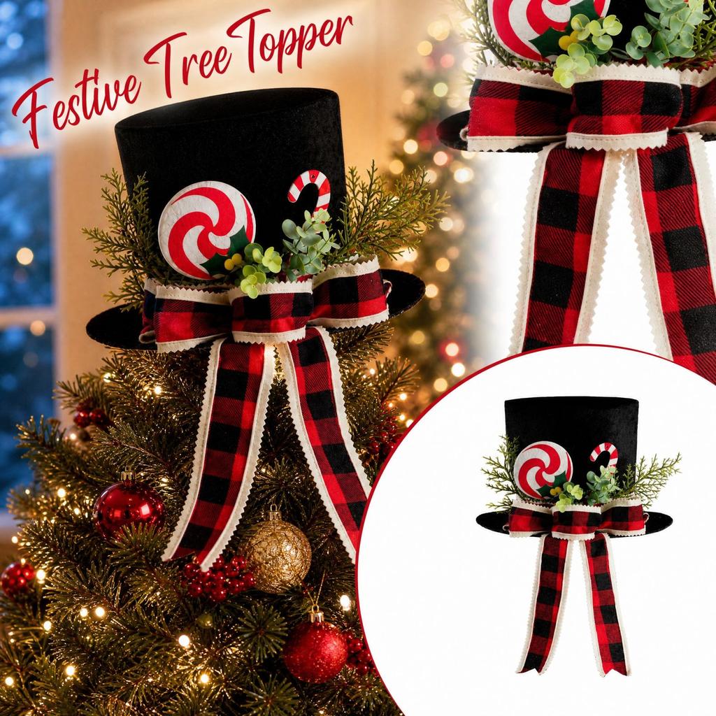 Christmas Tree Topper Star with Black and Hat Ornament for Holiday Winter Decor